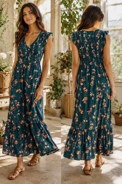 Oak & Trellis Floral Milkmaid Maxi Dress Flutter Sleeve Green Small Cottagecore
